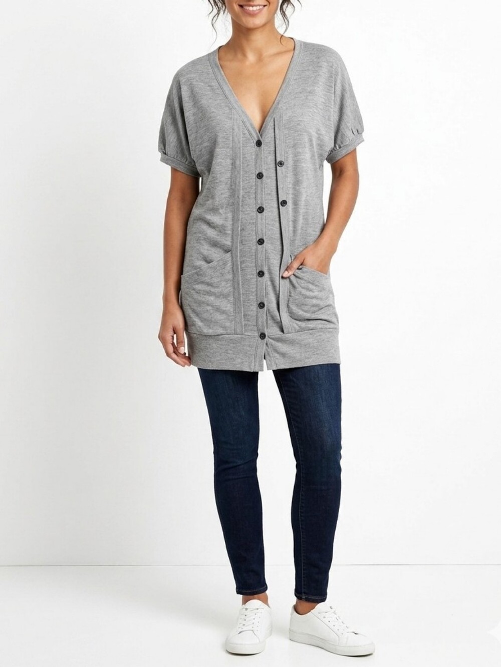 Free People Beach Gray Button-Front Short Sleeve Knit Tunic Cardigan Size Small